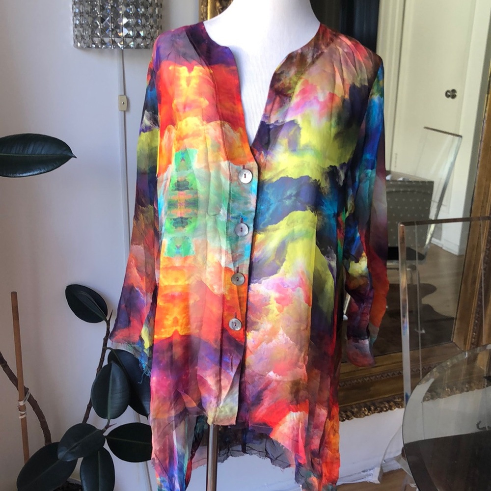 Von troska 100% silk Vibrant Multicolor Button-Up Blouse size 14